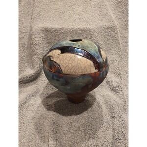 Raku Vase Copper And White Crackle Glaze Signed Tony Heslop